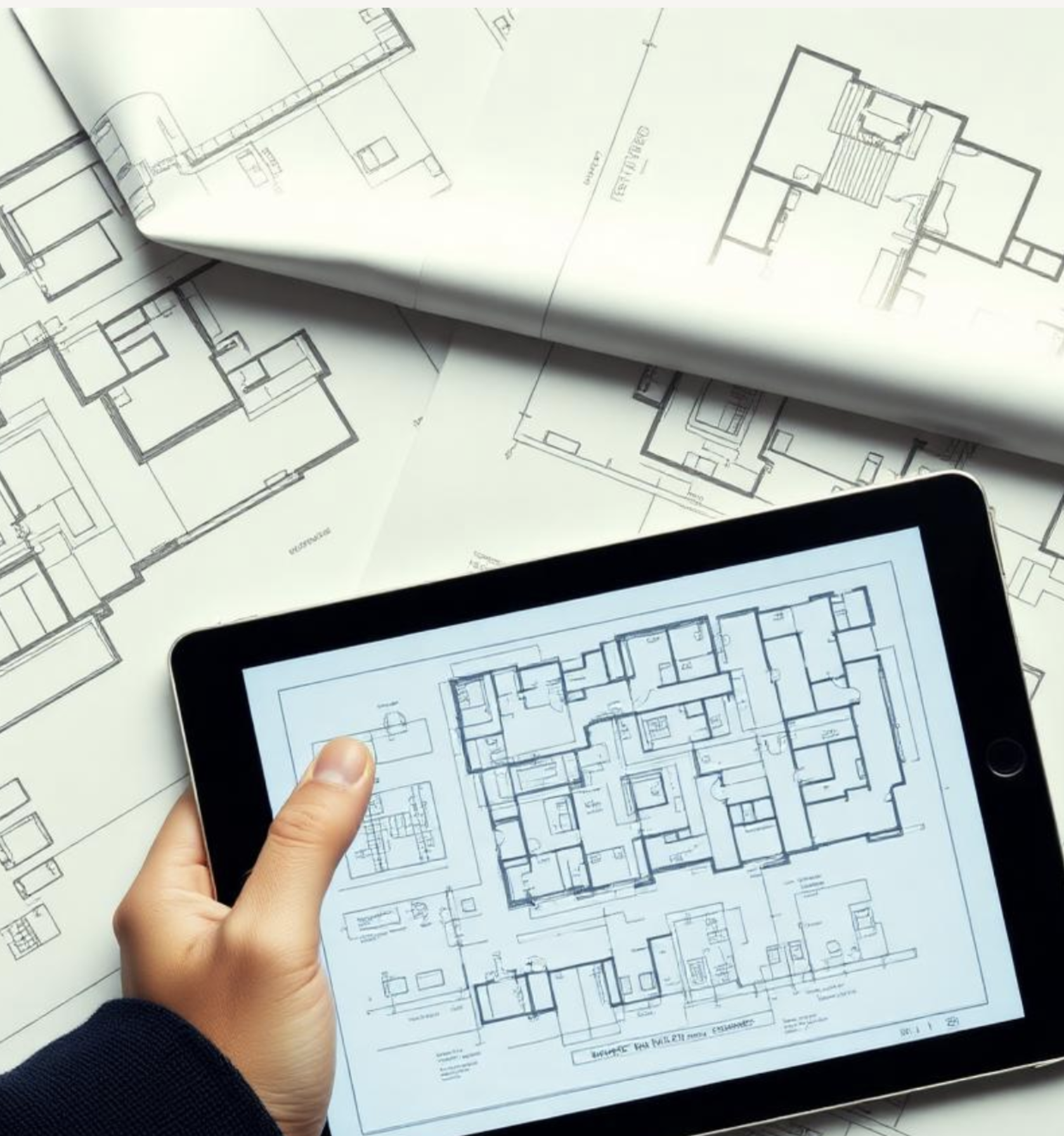 Architect reviewing floor plan drawings on a tablet